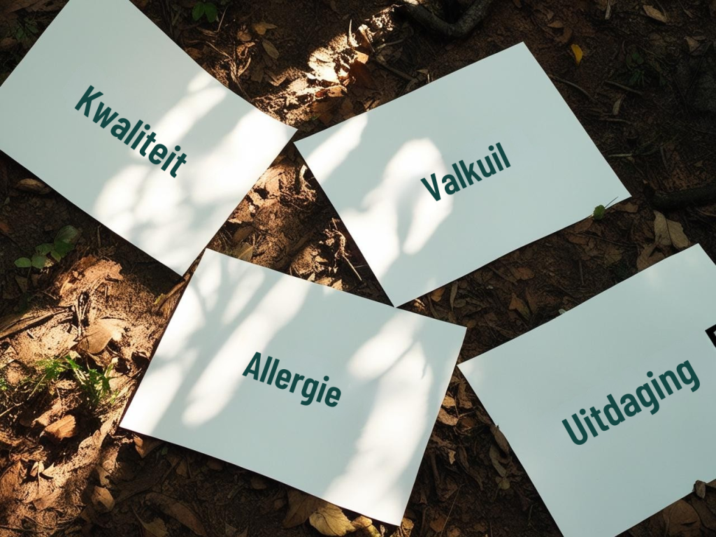 Vier witte papieren met woorden liggen op de grond tussen bladeren en schaduwen. De woorden zijn 'Kwaliteit', 'Valkuil', 'Allergie' en 'Uitdaging'.
